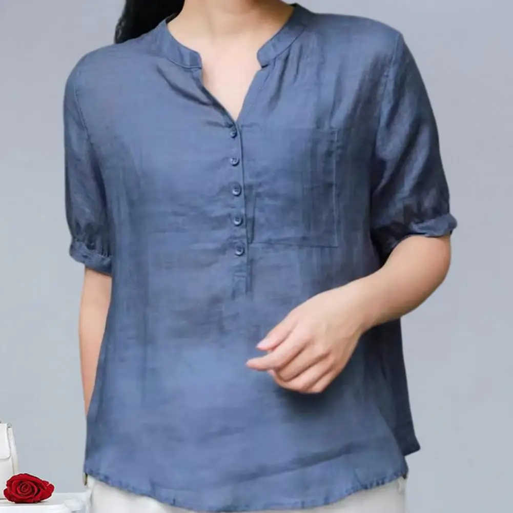 Women Shirt V-Neck Buttons Half Placket Patch Pocket Short Sleeve Pullover Tops Solid Color Loose Fit Cotton Linen Casual Tops