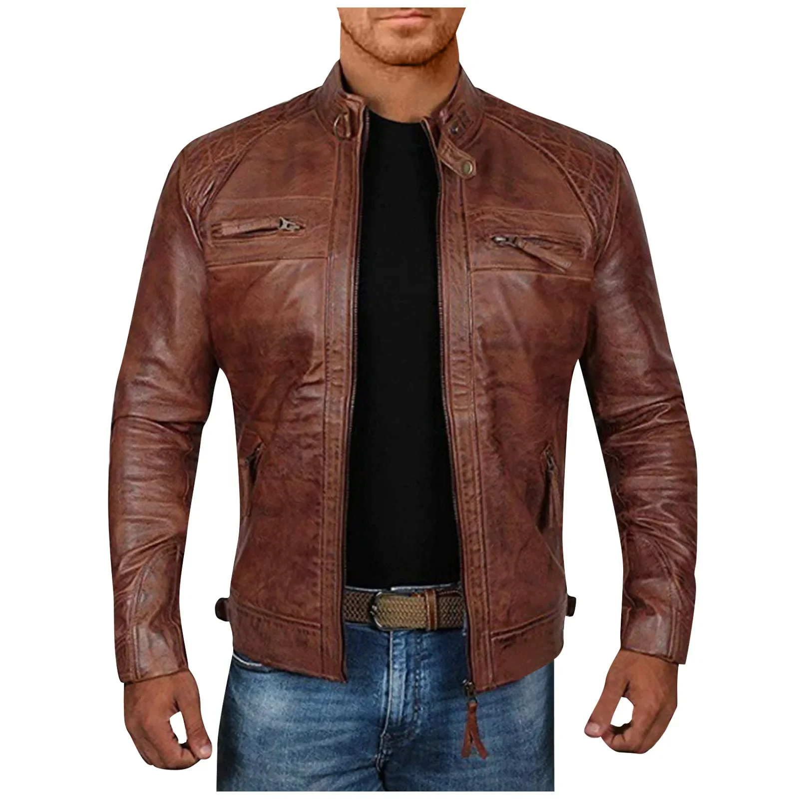 New Fashion Men'S Autumn And Winter Warm Brown Leather Jacket Zipper Long Sleeve Windproof Retro Jacket Coat Top Men'S Jacket