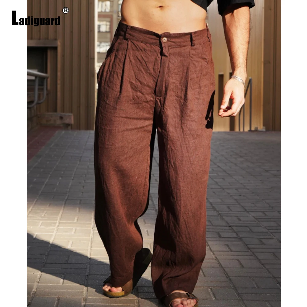 2025 Summer Bloomers Straight Trousers Mens Casual Loose Solid Color Cotton Linen Pants Men Vintage Mid Waist Beach Hotpants New