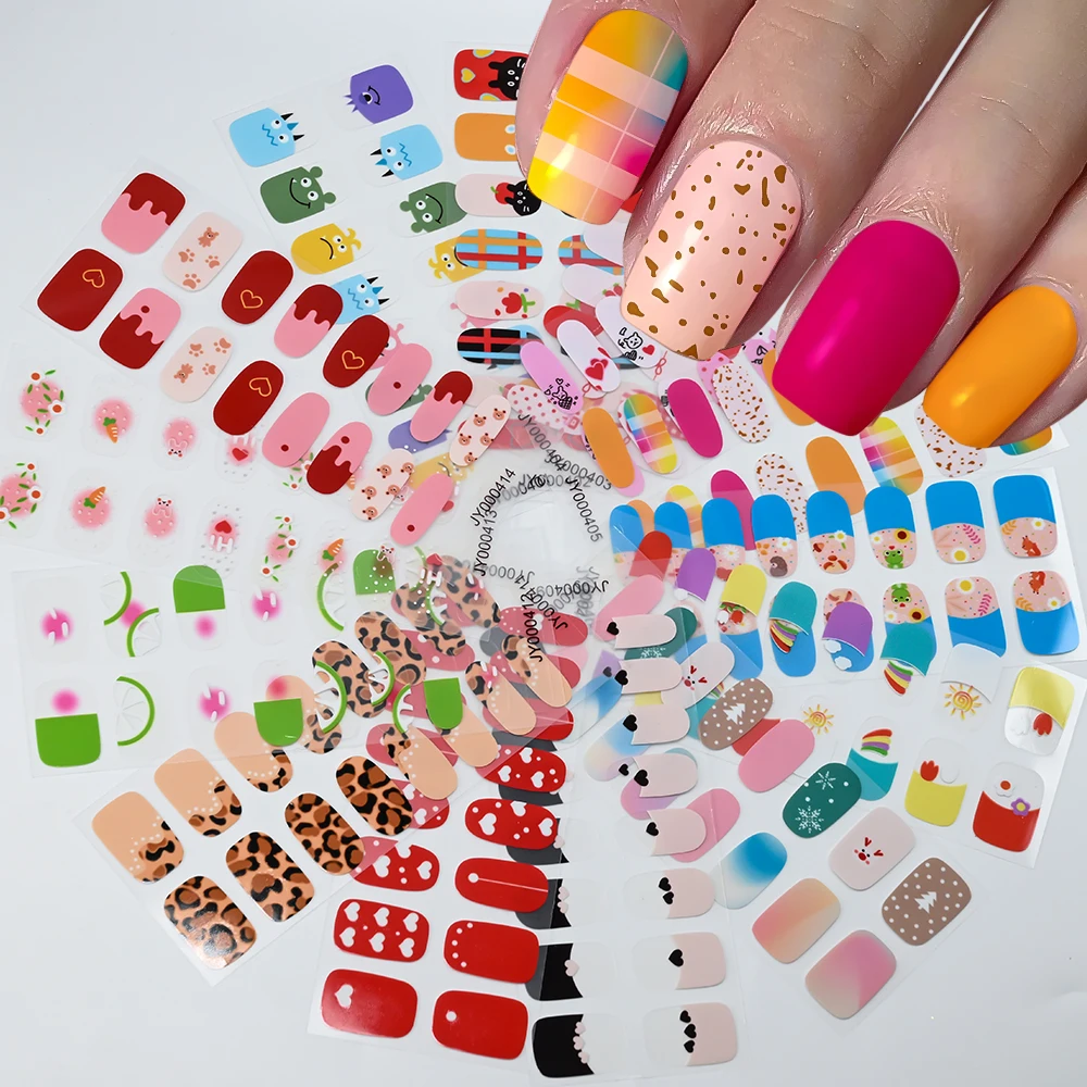 16 puntas de pegatinas de esmalte de uñas de dibujos animados, diseño de corazón, conejo, oso, monstruo, sin hornear, pegatinas para envolver decoración de uñas, pegatina colorida para uñas