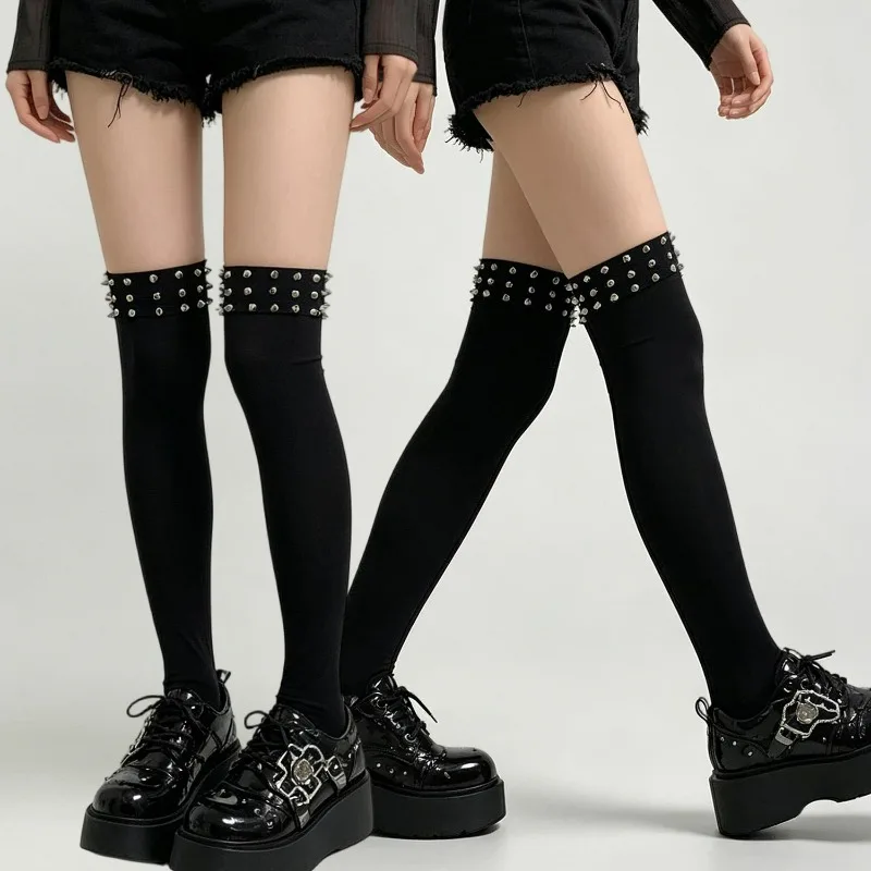 Y2k Spike Rivet Stockings Subculture Thin Summer Over Knee Long Socks Women Girls Lolita JK Party Thigh Stockings Accessories