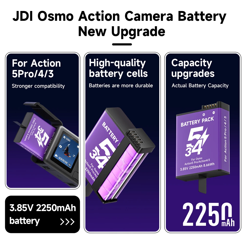 

For DJI OSMO Action 4 Action 3 Battery Fast Charging Action4 Action3 Battery with Type C Dual Slot Charger Camera Accessories