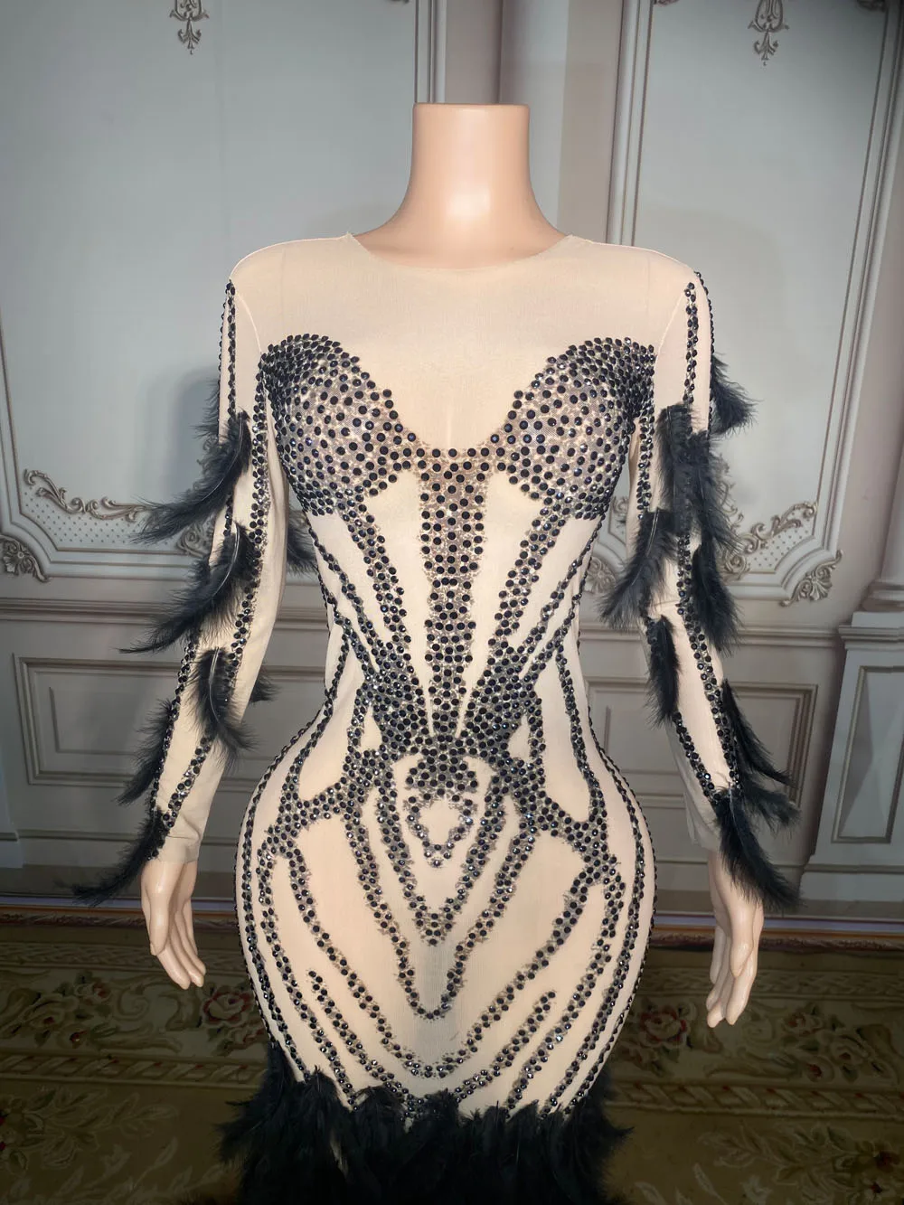 Customized Long Sleeve Feather Streaking lace  High Elastic Sequins Sexy Tight Dress Birthday Party  Dress Performance Dress