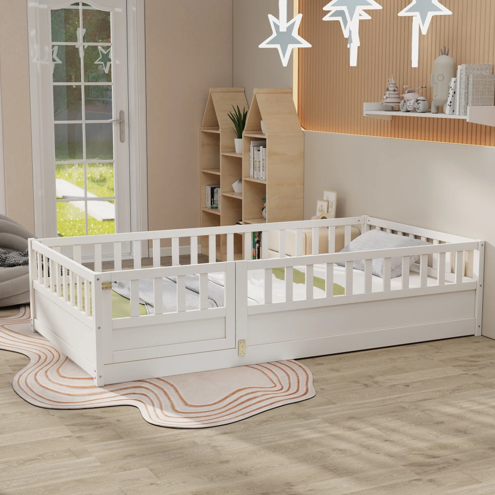 Twin floor bed, overall structure, with ultra-high safety barrier, children's floor frame,Montessori wooden children's floor bed