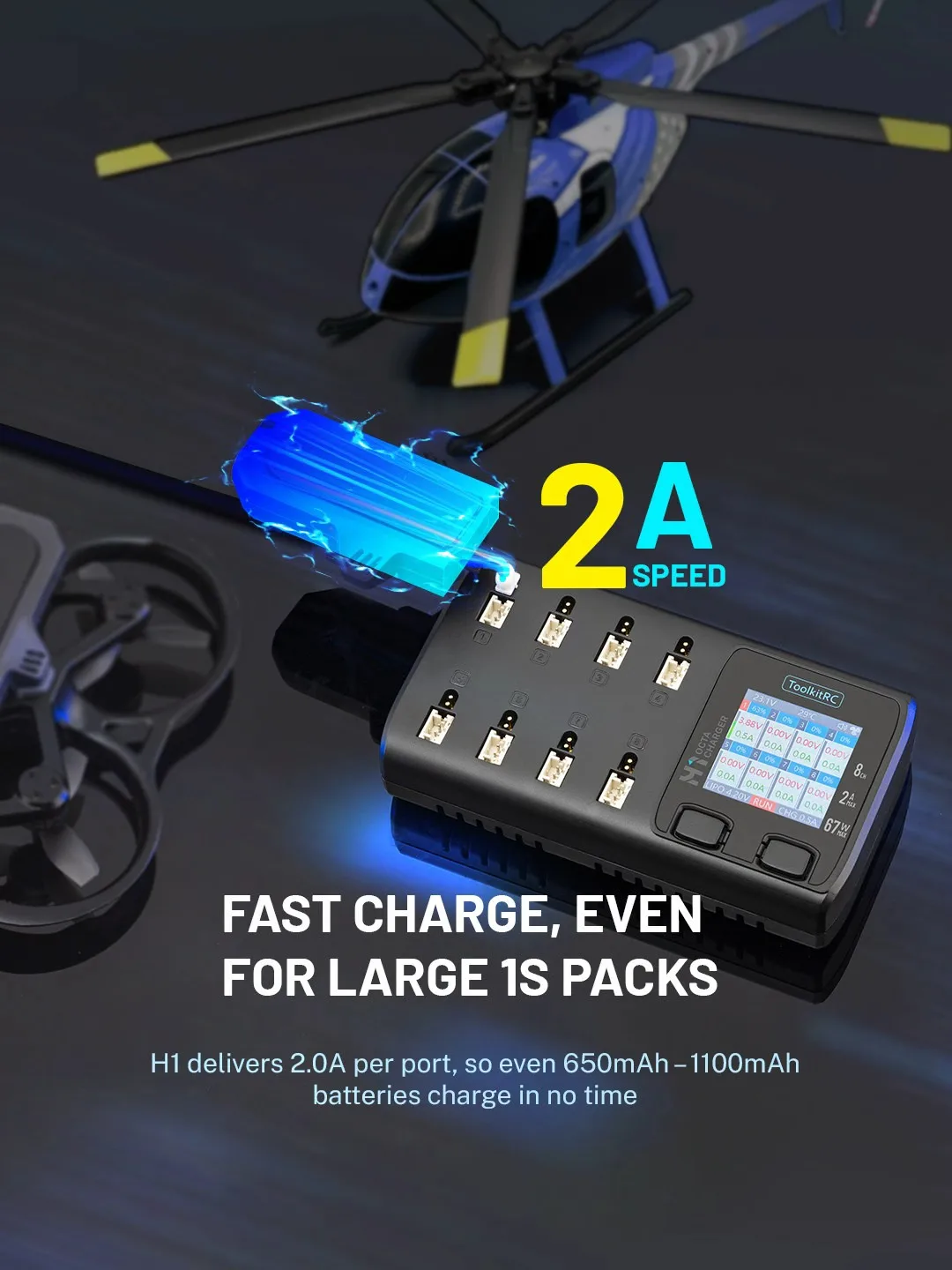 ToolkitRC H1 1S Ladegerät, PD 78W Max 2A 8 CH PD DC Dual-Eingang Unterstützt PH2.0 BT2.0 A30, LiPo LiHV LiFe für FPV Tiny Whoop RC Drohne – Detail 5