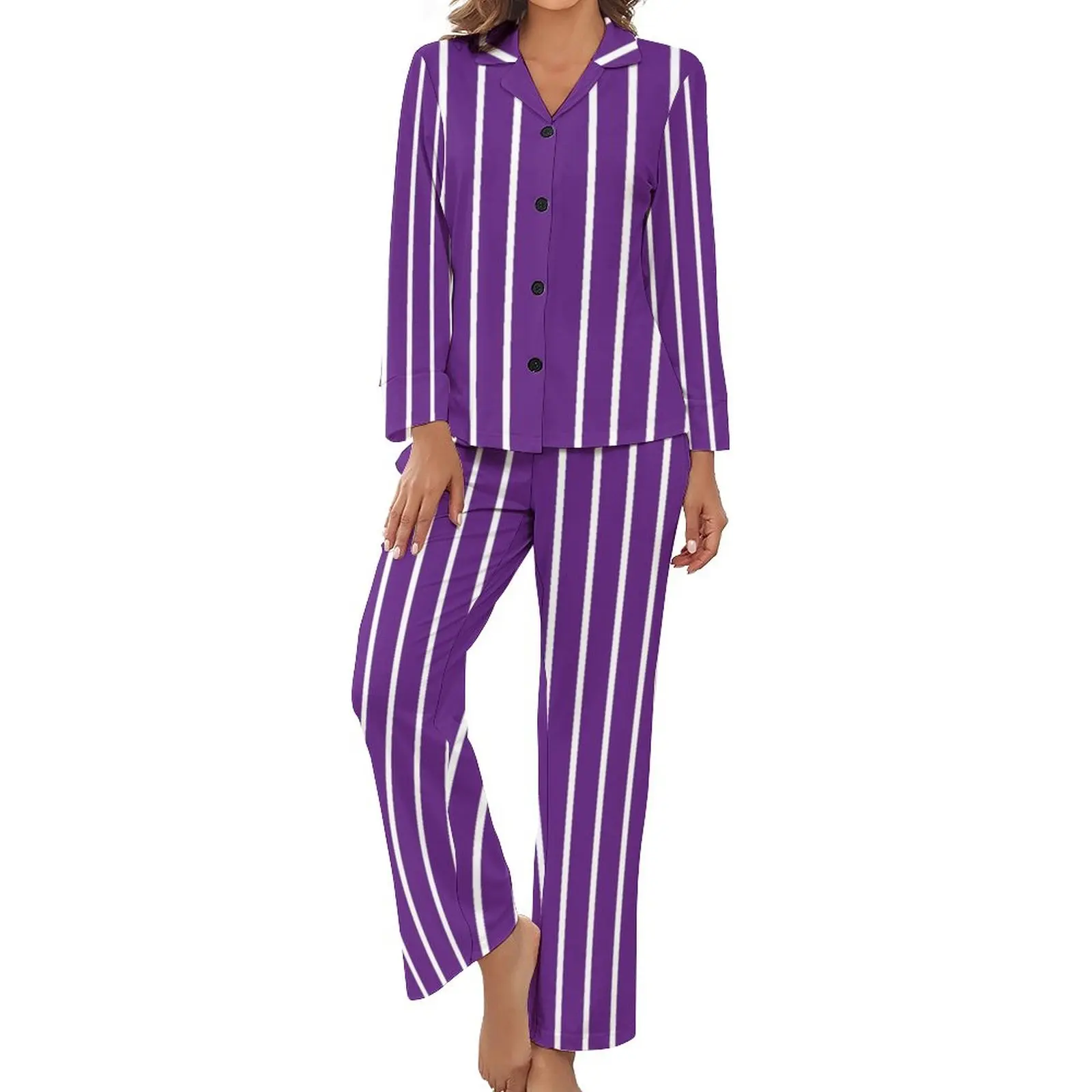 Purple White Striped Pajamas Long Sleeve Vertical Stripes Print 2 Pieces Bedroom Pajamas Set Daily Female V Neck Cute Nightwear