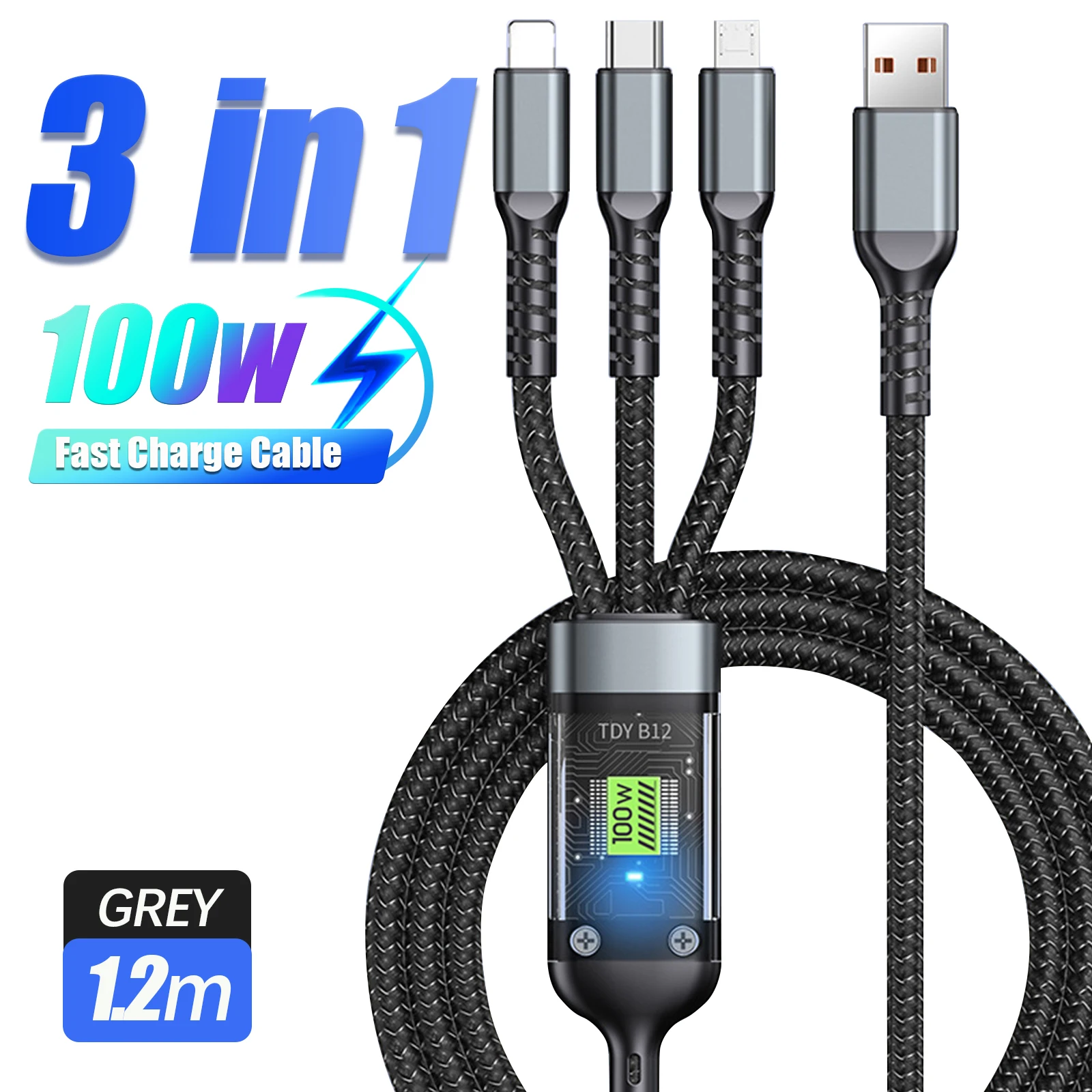 100W 3 In 1 Transparent Pilot Lamp Super Fast Charging Cable 6A Universal with Type C Usb Micro for Iphone Xiaomi Samsung Huawei