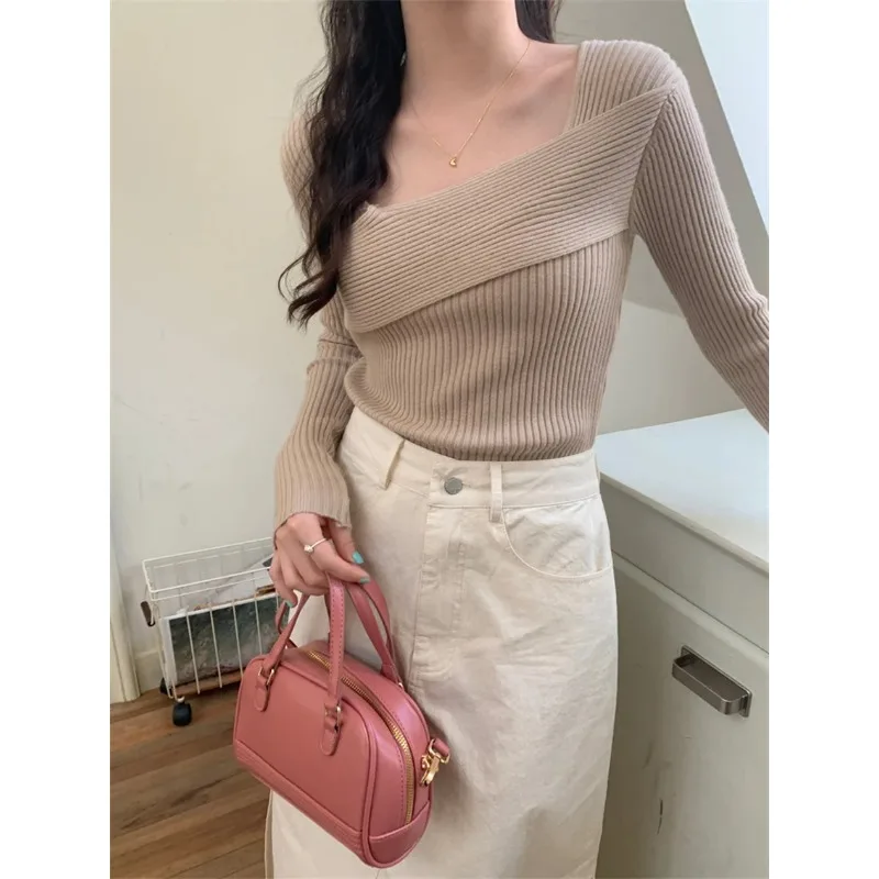 Slim-Fit Women Jumpers Gentle Spring Fall Solid New 2024 Full Sleeve Sexy Casual Knitted Pullovers Office Lady Bottoming N190