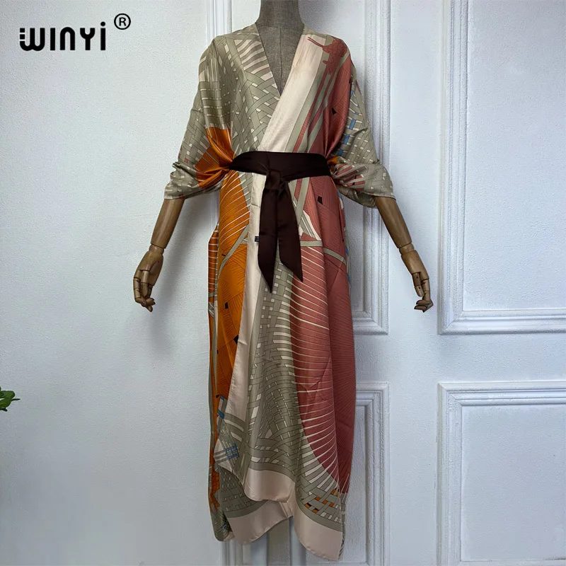 NEW WINYI summer 2024 print Middle east kimono beach cover up dress elegant African women boho Cardigan Holiday maxi abaya