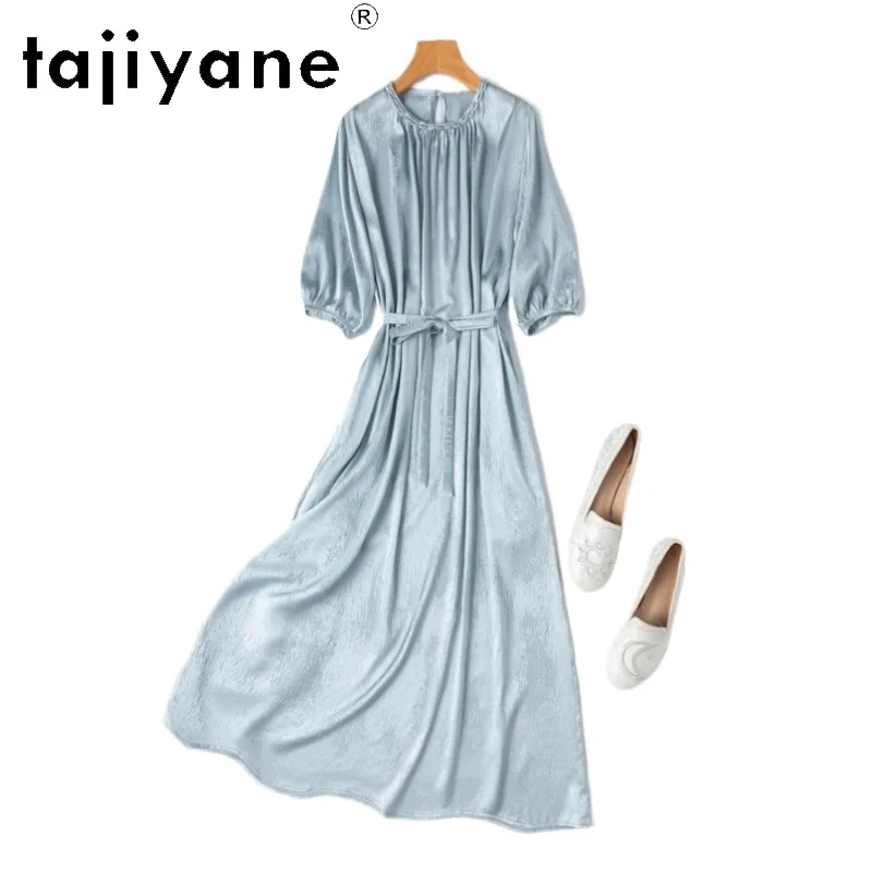 

TAJIYANE 93% Mulberry Silk Dress Woman Summer 2025 Elegant Jacquard Long Dresses Blue Party Frocks Ladies Clothes платье женское