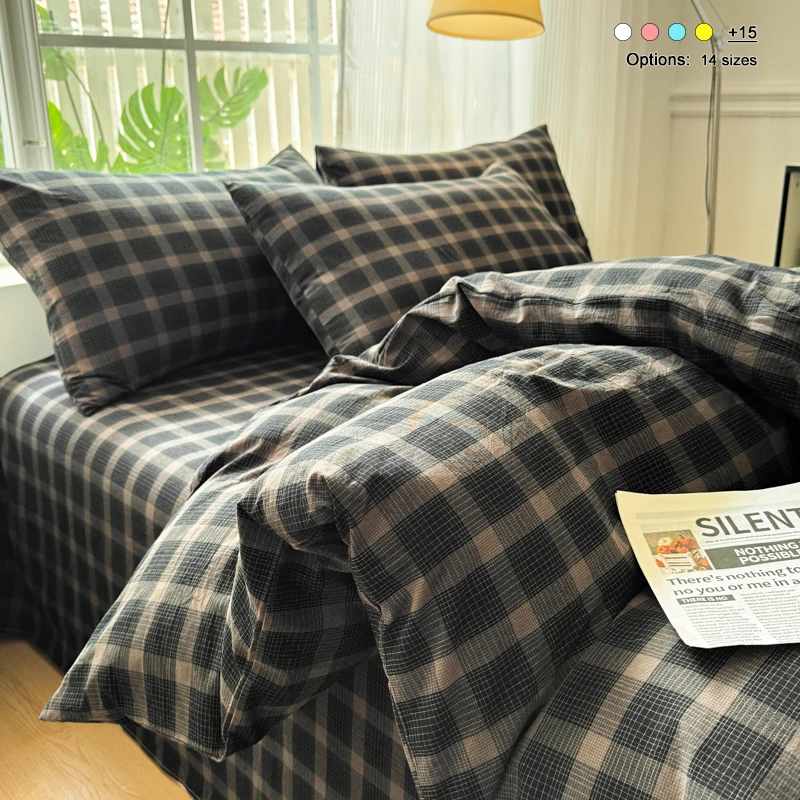 100% Cotton Yarn‑Dyed Plaid Duvet Cover Set, Soft Washed‑Cotton Bedding Set With 2 Pillowcases, Wrinkle‑Resistant Breathable