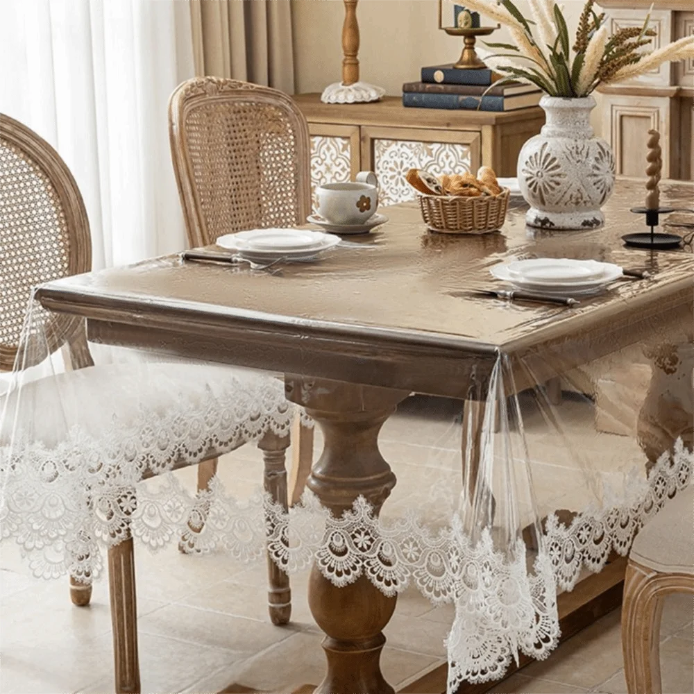 Waterproof PVC Tablecloth Oil Proof Lace Embroidered Dining Table Cover European Style Rectangular/Square Table Runner
