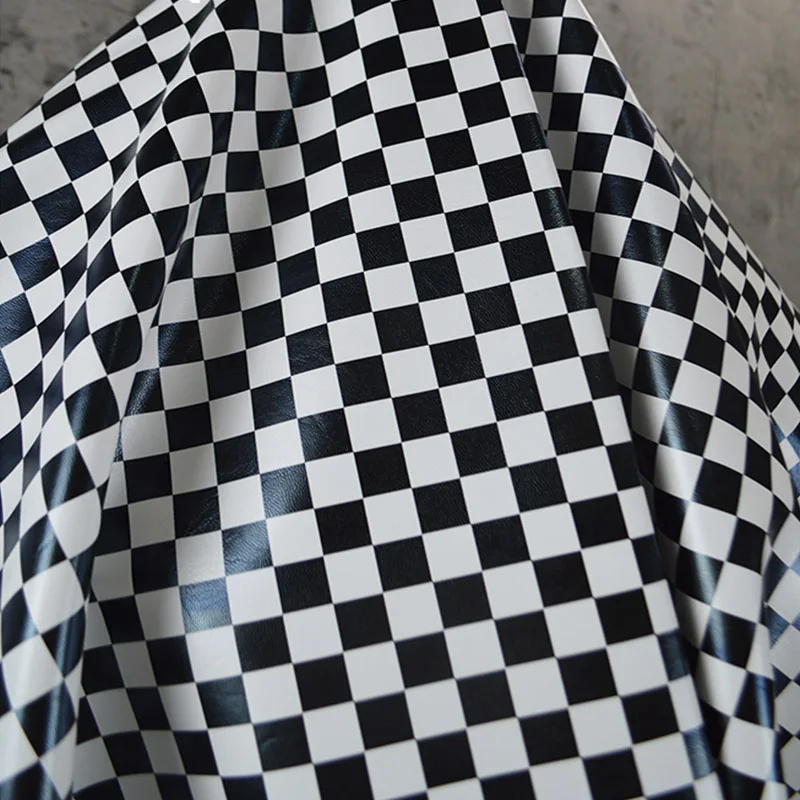 Good Micro Elasticity Black/White Checkerboard Printing Matte PU Leather Fabric Sewing Material DIY Pants/Dress/designer Clothes