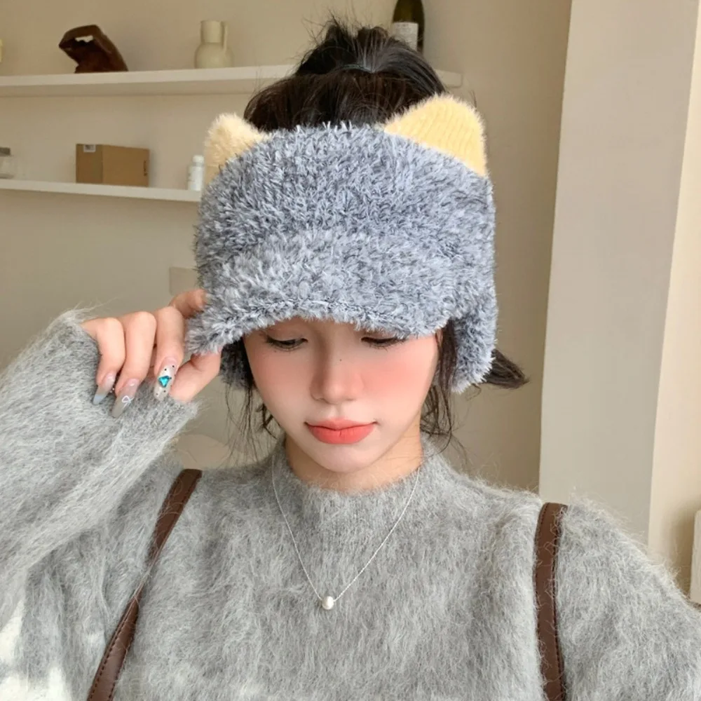 

Thicker Winter Warm Hat Ear Protection Cute Ear Earflaps Knitted Hat Windproof With Earflaps Empty Top Baseball Caps Daily Wear