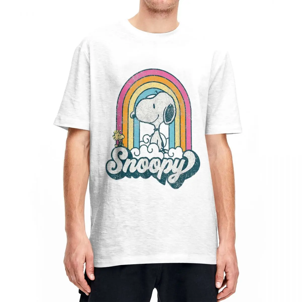 Pinda 'S Snoopy Woodstock Retro Regenboog Wolk Voor Mannen T-Shirts Grappig T-Shirt Ronde Hals T-Shirts Katoen 6xl Tops