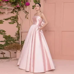 Customized 2024 Pink Formal Prom Dress Elegant Strapless Backless Bow Satin A-line Evening Party Gowns Christmas Robe De Soiree