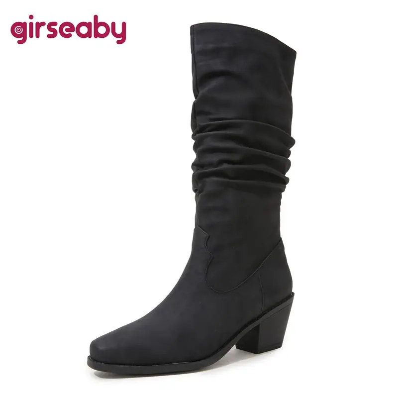 

Girseaby 2024, женские ботинки до середины икры без шнуровки, плиссированные, повседневные, Knight Bota, большой размер 43 44 45, квадратный носок, блочные каблуки, 6 см, повседневные крутые