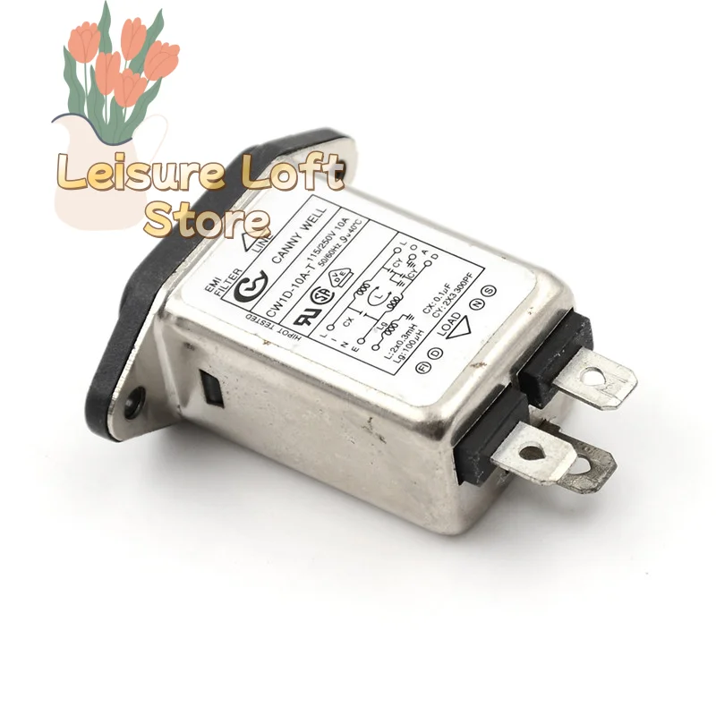 CW1D-10A-T EMI RFI Power Line Filter, 250V 10A  Noise Suppressor for Stable Equipment Operation, CE/UL Certified