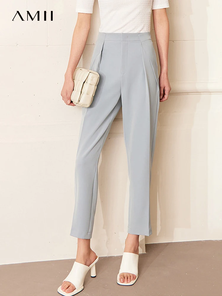 

AMII Minimalism Women's Pants 2025 Summer New Office Lady Casual Elastic Waist Suit Pantalones Solid Female Long Pants 12322088