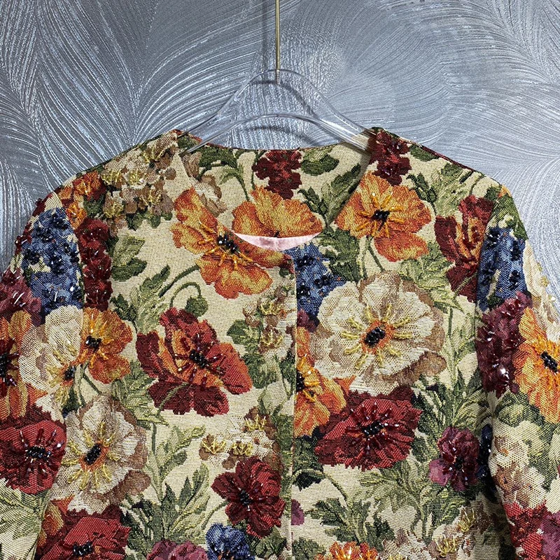 DLDENGHAN Autumn Covered Button Beading Coat Women O-Neck Three Quarter Sleeves Flower Print Vintage Outerwear Fashion Designer