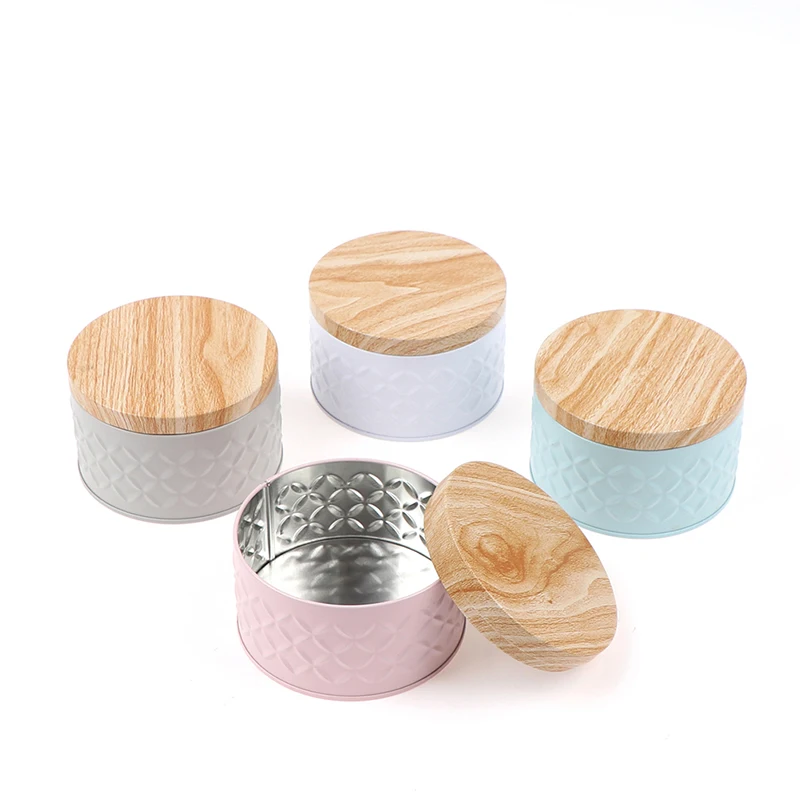 7.2cm/10cm Round Empty Iron Box With Wood Grain Lid Candy Storage Box Diy Candle Making Jar