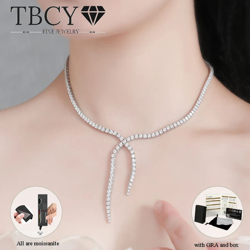 

TBCYD 925 Sterling Silver Full Moissanite Bow Gradient Necklace for Women Plated 18k Cross Tassel Chain Sparkle Dinner Jewelry