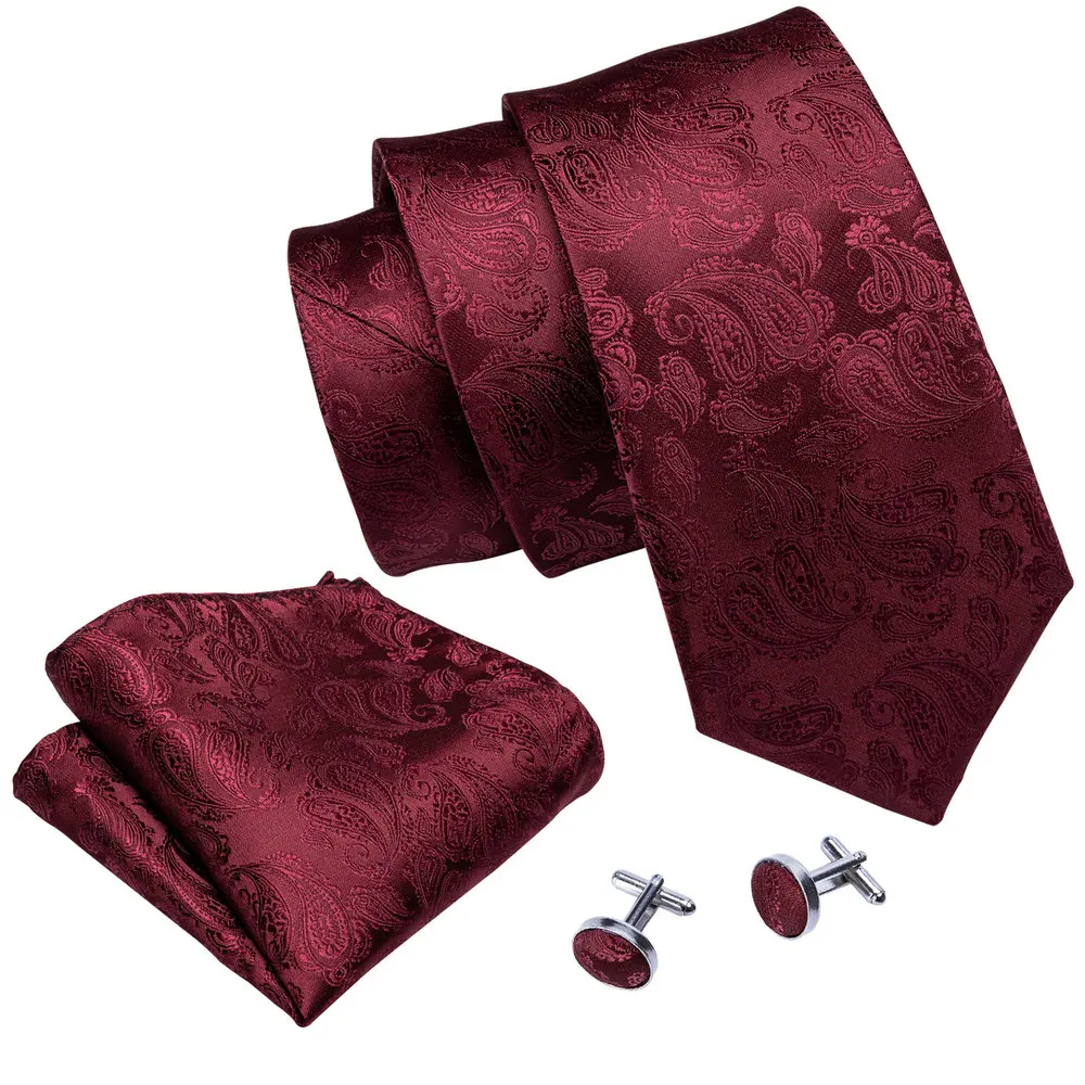 Exquisite Rust Red Silk Ties For Men Designer Pasiley High Quality Handkerchief Cufflinks Set Wedding Party Business Barry.Wang