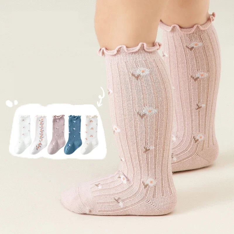 Spring Baby Ruffle Girls Socks Knee High Long Sock Kids Soft Cotton Toddlers Print Socks Children Princess Socks for 0-5 Years