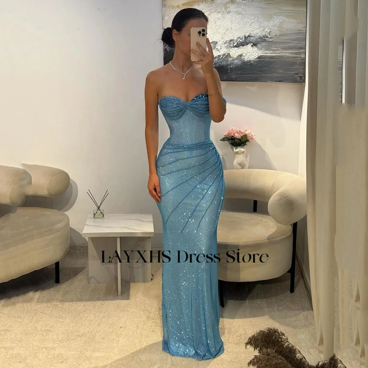 LAYXHS Sexy Azul Querida Vestidos de Noite Sereia Brilhante Frisado Plissado Vestidos de Baile Personalizados فساتmavera