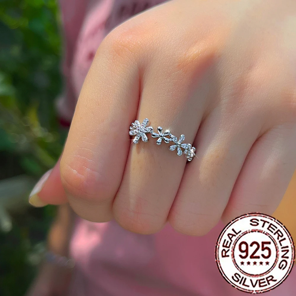 QooLady 925 Sterling Silver Daisy Flower Cubic Zirconia Dainty Multi Floral Finger Ring Wedding Jewelry Gift For Women SR117