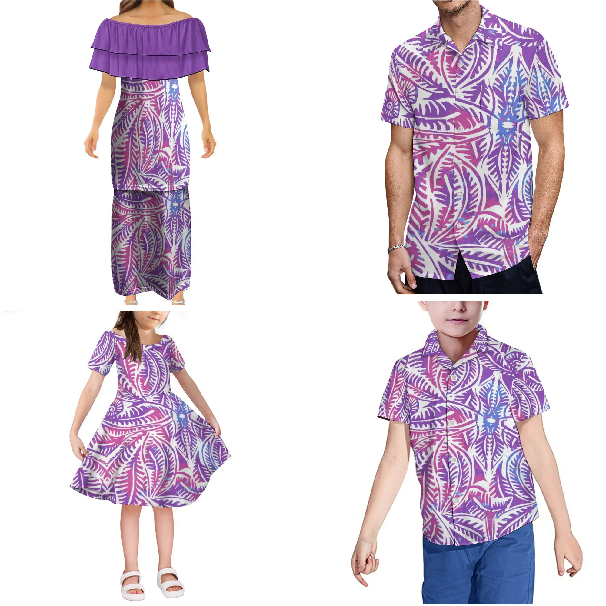 Custom parent-child outfit family matching outfits polynesian design 2024 off shoulder maxi Puletasi  dress and men shirt girls