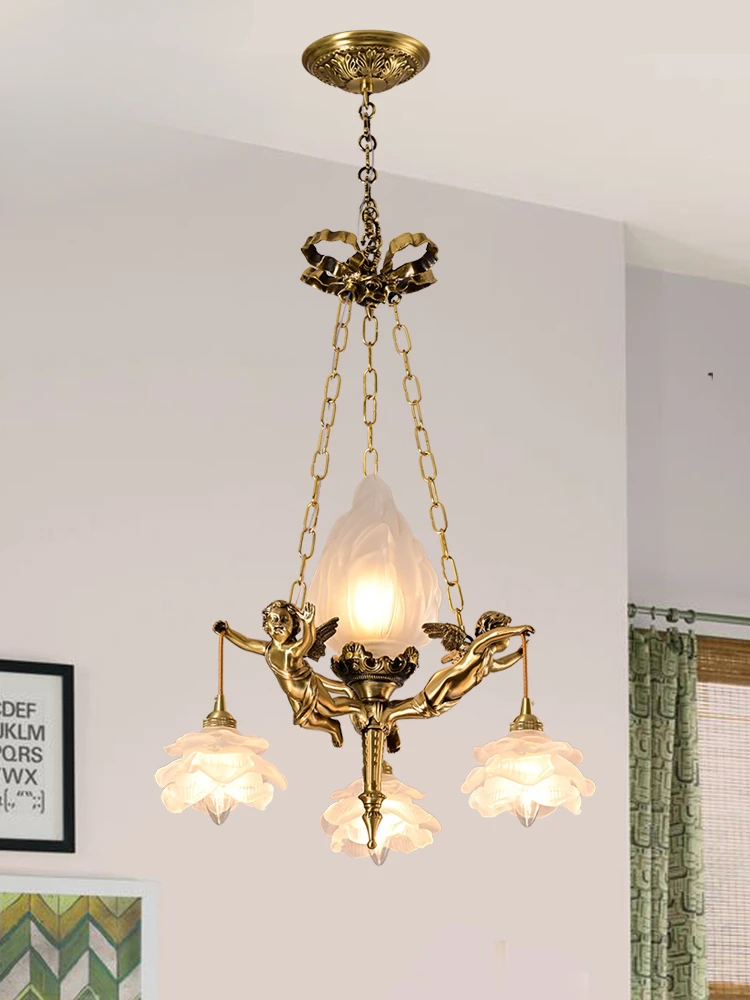 All copper chandelier, French light luxury bedroom, living room, dining room light, designer creative angel chandelier