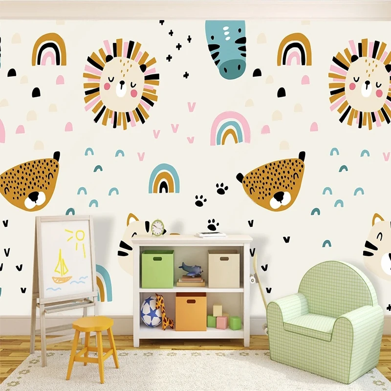 Custom Mural Cute Cartoon Animals Lions Rainbow Pattern Wallpaper for Children's Bedroom Decor Non-woven 3D Relief Wall Painting