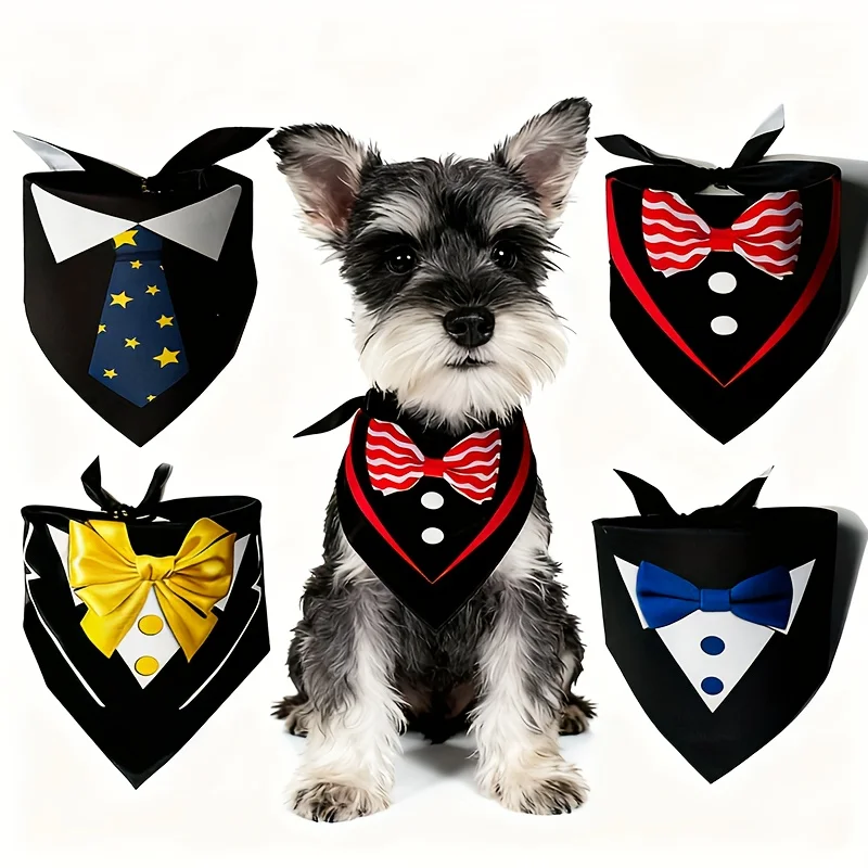 Formal Dog Bandana Set,Tuxedo Bow Tie Pet Triangle Scarf, Wedding Birthday Party Costume Accessory, Washable Kerchief