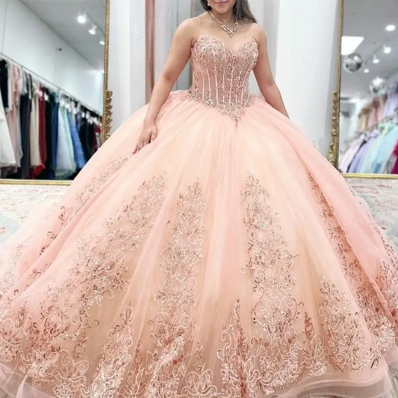 Glitter Pink Quinceanera Dress Ball Gown Off The Shoulder Lace Applique Beaded Cryatal Tull Mexico Corset Sweet 16 Vestidos De 1