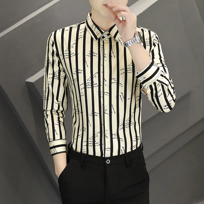 

Casual Fashionable Long Sleeve Shirt Men's Versatile Autumn Top Harajuku Style Printed Youthful Striped Patterned Clothing