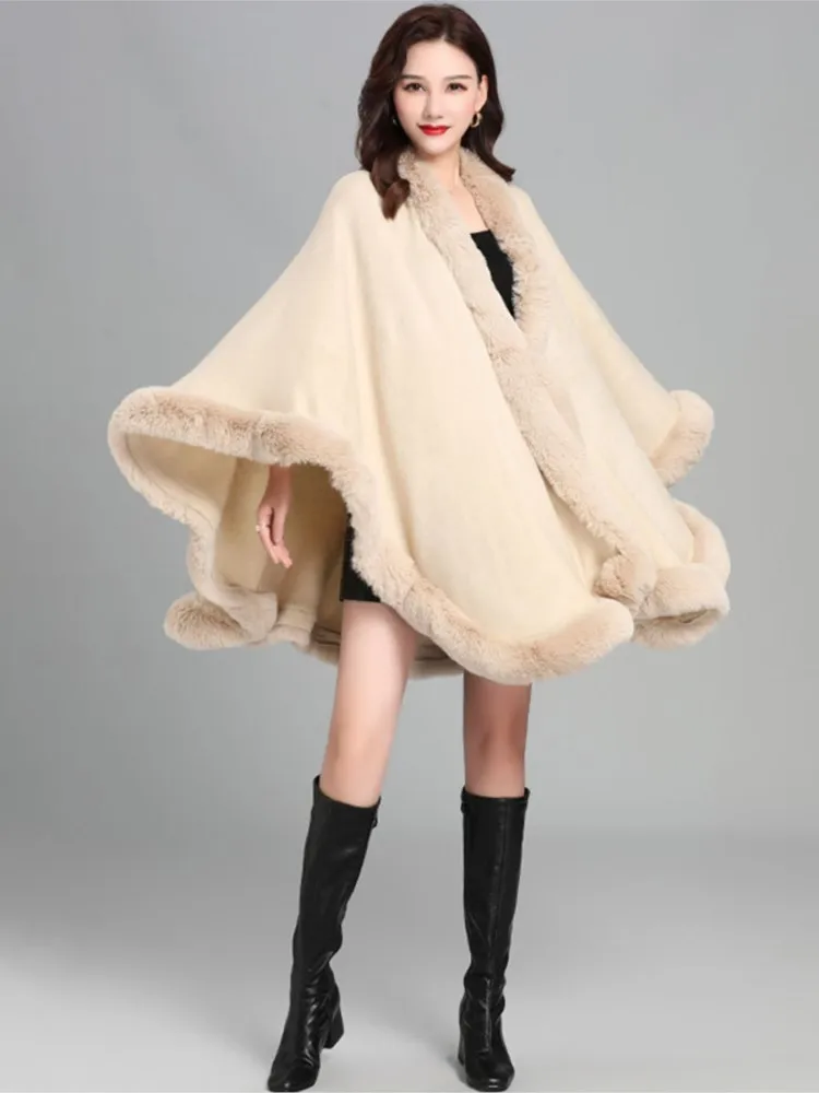 Korean Style New Imitation Rabbit Fur Collar Faux Cashmere Loose Ponchos Women Capes Coat Elegant Beige Apricot Cardigan Cloak