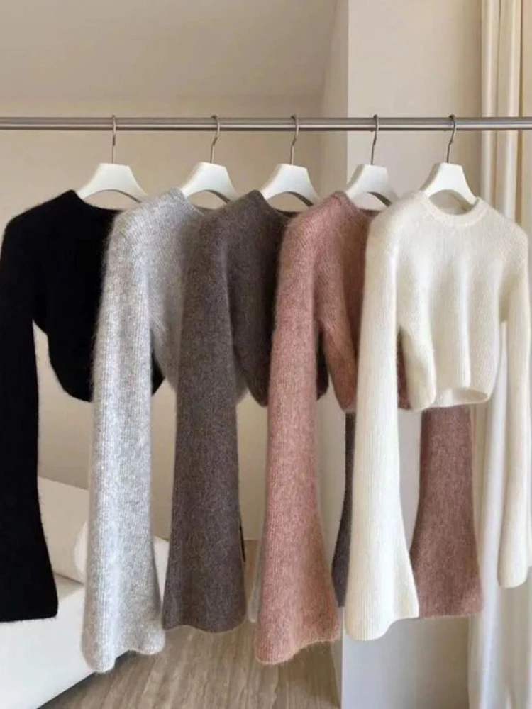 

Crop Pullovers Women Elastic Autumn Waistless Furry Chic Cozy Knitting Flare Sleeve Sexy Lady Korean Style Fashion Sweaters Ins