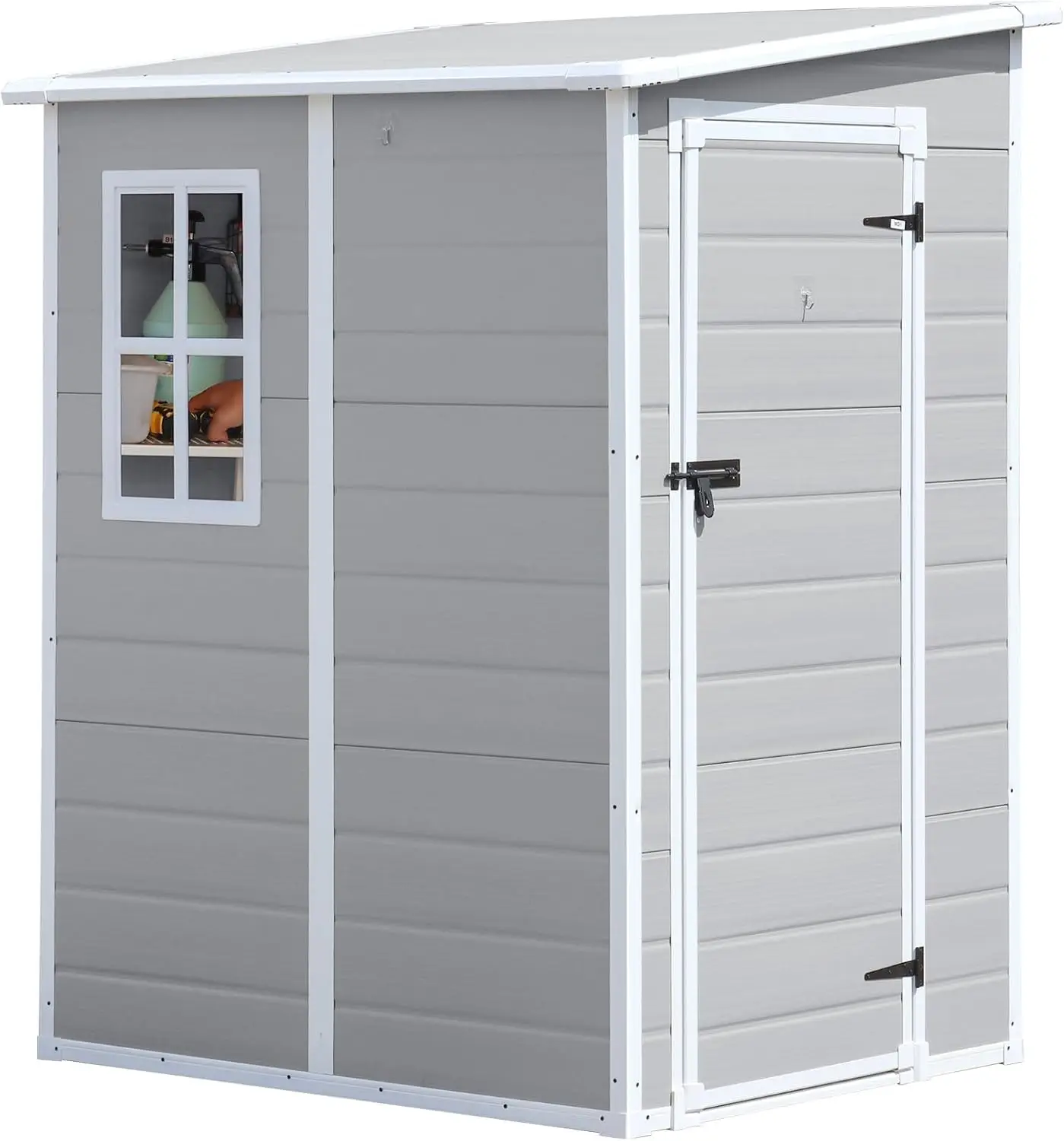 Outdoor Garden, Patio, Backyard Storage - 5x4 FT Light Grey Resin Waterproof Shed with Floor, Window, Lockable Door for Tools