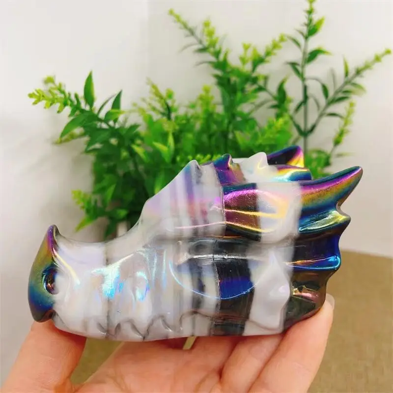 10.6CM Natural Aura Quartz Taichi Stone Dragon Skull Carving Head Animal Statue Faucet For Room Decoration Holiday Gifts 1pcs