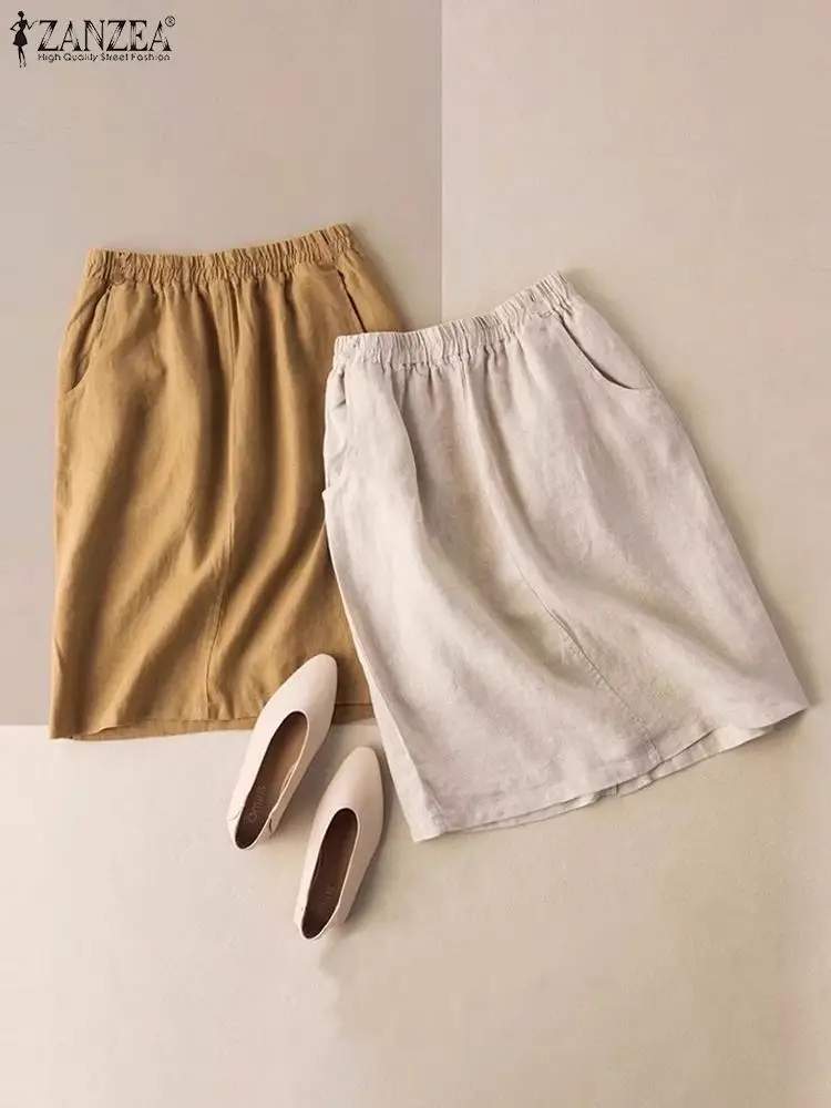 

ZANZEA Vintage Casual Solid Jupe Women Cotton Skirts Holiday Straight Midi Skirt 2024 Summer Elastic Waist Pockets Faldas Skirts