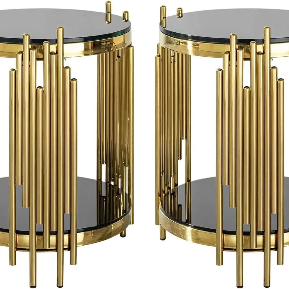 

Elegant 2-Tier Black Glass & Gold Steel End Tables for Home, Office, or Café