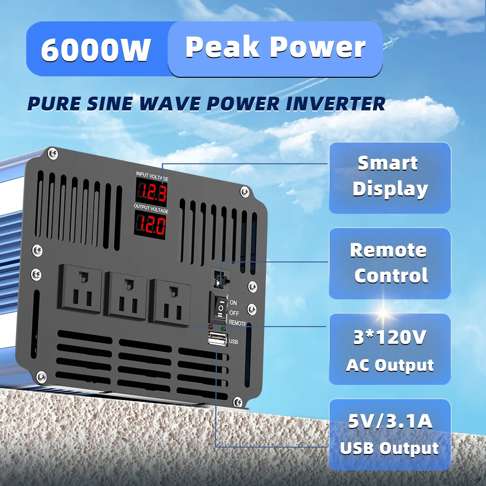 6000W Peak 3000W Pure Sine Wave Power Inverter 12V 24V DC to 110V/120V 3 AC Output Sockets, Car Converter for Vehicles with LED Screen Display, USB Charging Port, High Performance and Portable,Car Plug Adapter for Truck, Home, Camping, Laptop, Trip