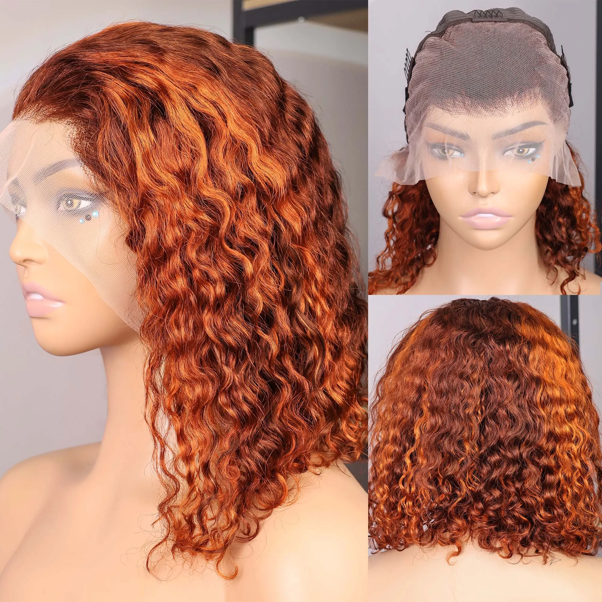 

Bob Wig Human Hair 4/350 Highlight Curly Wigs Peruvian HD Water Wave 13x4 Lace Frontal Wig For Women Brown Ginger Human Hair Wig