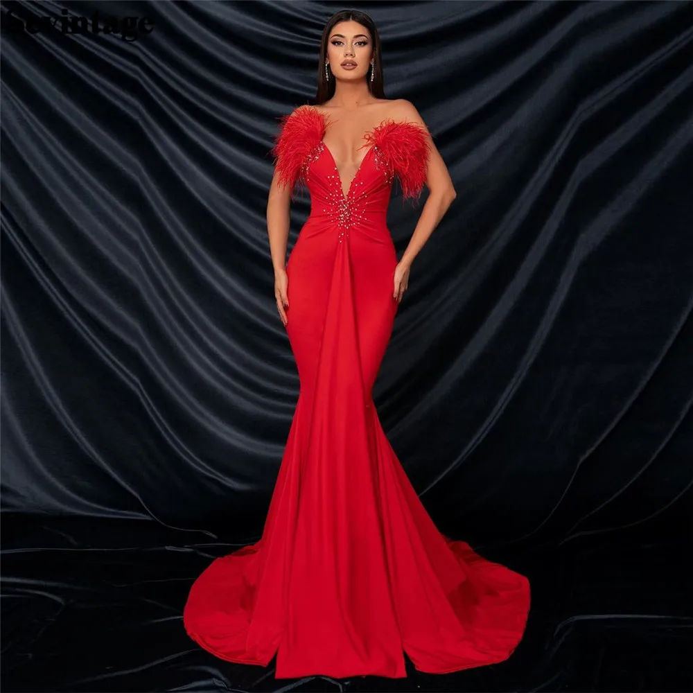 

Sevintage Elegant Red Satin Prom Dress Mermaid Deep V-Neck Pleated Feathers Floor Length Ruched Evening Dress vestido de gala