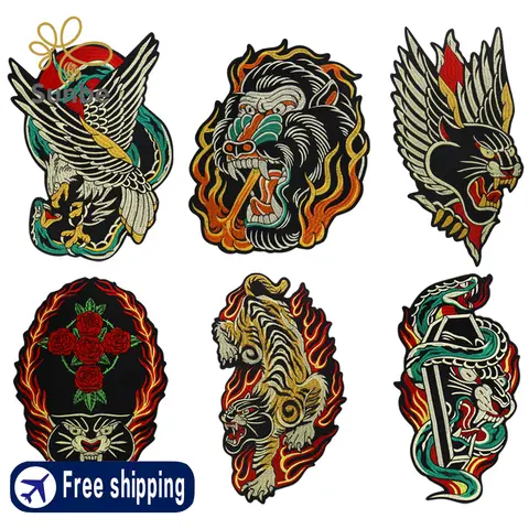 Leopard Embroidered Applique Patches The Roaring Black Panther Fabric Punk Patches Intertwine With Green Snake Iron On Emblem