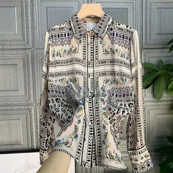 Printed Imitation Silk Shirt Women's Spring New All Match Lapel Slim Top Mulberry Silk Long Sleeve Women's Shirt Tops Mujer