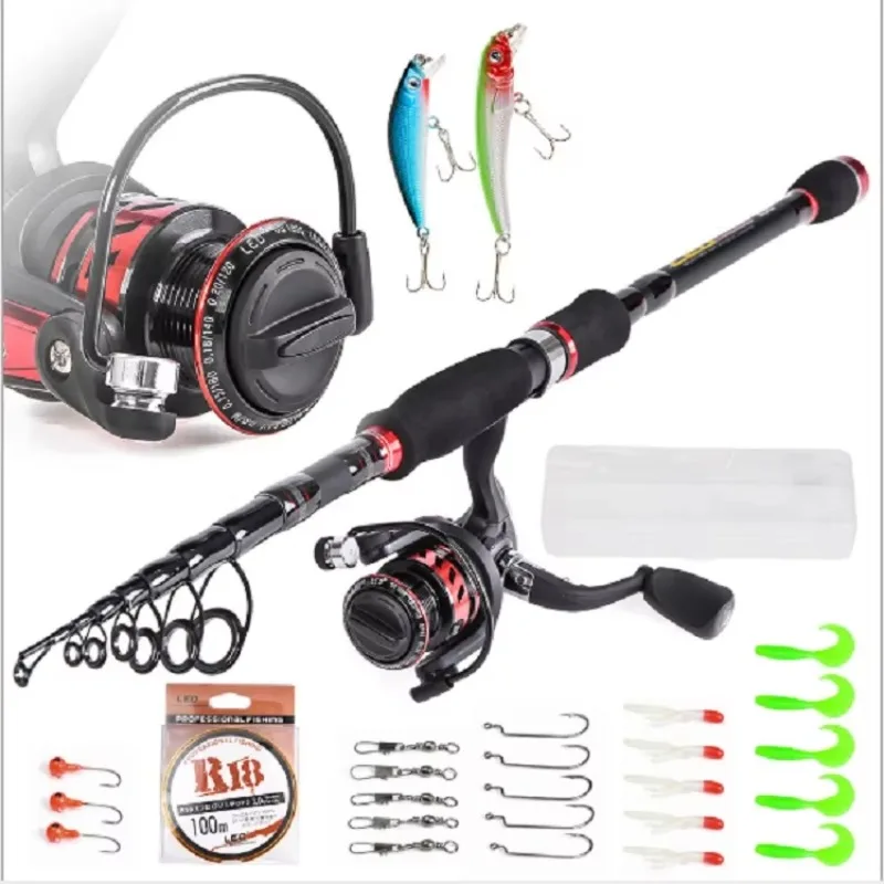 

Telescopic fishing rod and reel combination rotary fishing gear organizer rod set with line bait hook