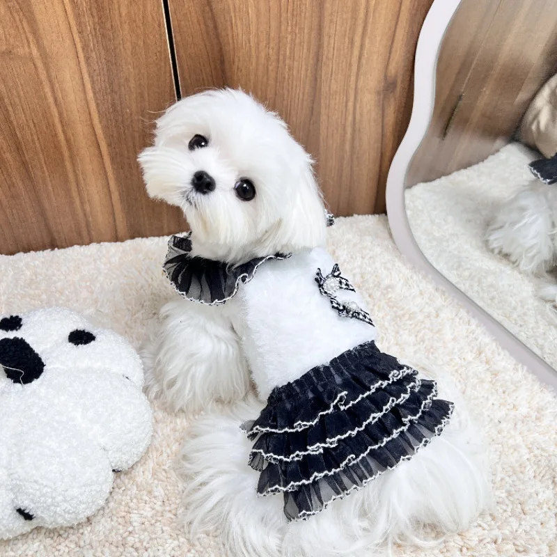 

2025 Autumn Winter New Puppy Dog Cats Clothing Soft Plush Black White Pink Cute Bow Sweaters for Small Medium Dog Pet Clothes