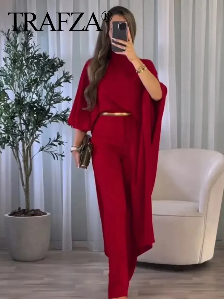 TRAFZA 2024 Spring Women\'s Dress Round Neck Asymmetric Red Satin Cape Style Dresses Wild Loose Casual Woman Resort Style Dress